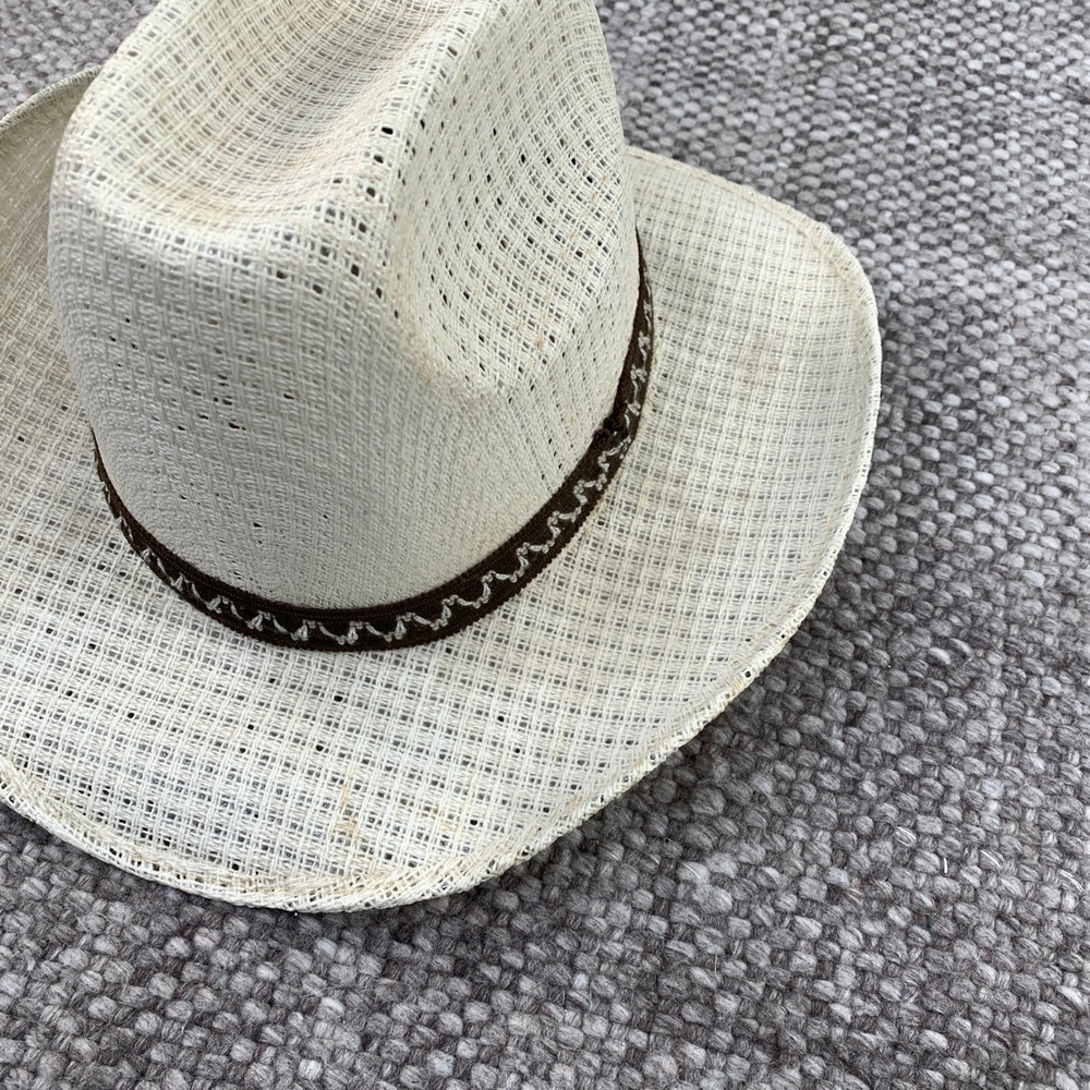 Vintage Straw Cowboy Hat Unisex 6 5/8 Cream Open Weave Embroidered Band
